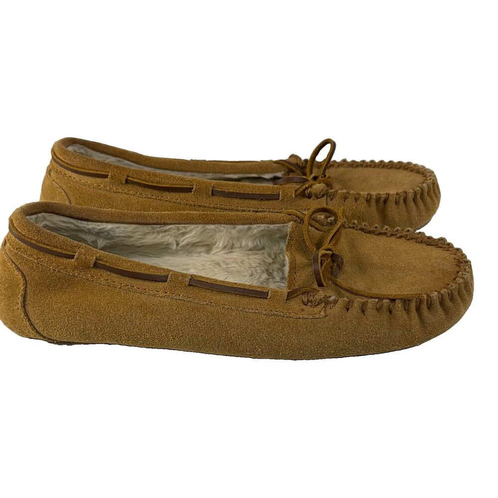 Minnetonka Slippers Brown Leather Suede Womens 10 M Faux Fur Lining 4036